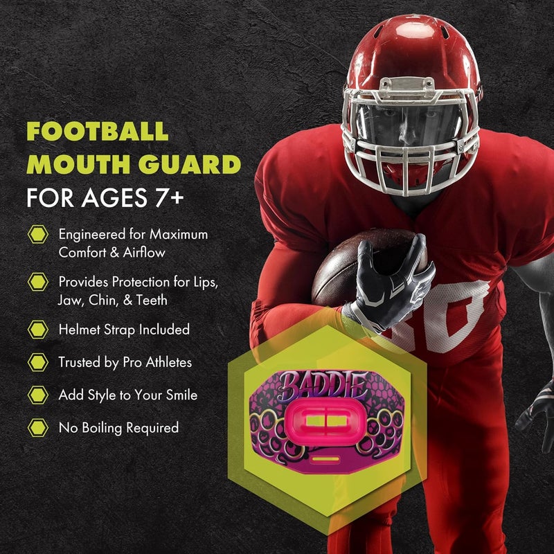 DAMAGE CONTROL Youth Football Mouth Guard – Breathable No Boil Mouthpiece, Protects Lips & Teeth, Works with Braces, Includes Helmet Strap – Sports Gear & Accessories (Baddie) - Image 2